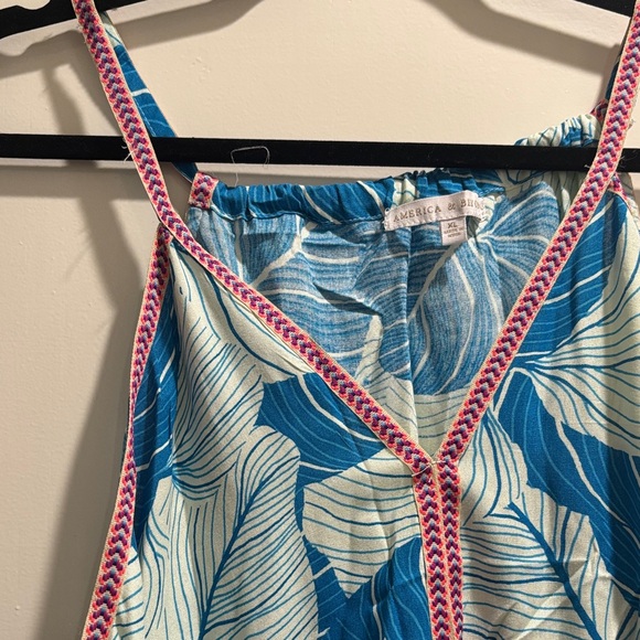 Blue Leaf Print Dress with Pink Trim - Picture 2 of 5